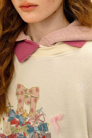 [Moromoro2] Bow Print Layered Hooded  Sweatshirt