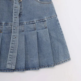 Belted denim pleated skirt