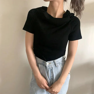 Shirred open shoulder T-shirt