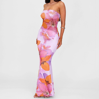 Flower print backless mesh tube maxi dress
