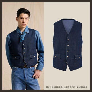 [CULTUM] Lyocell Blend Washed Denim Spliced Vest