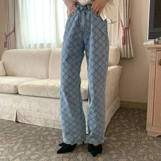 Patterned high-waisted denim pants