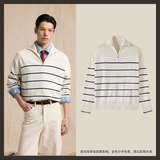 [CULTUM] Half-Zip Striped Cotton Knit Sweater