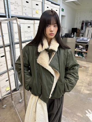 [NEVERSEEZ] Lapel Fleece Diagonal Zipper Jacket