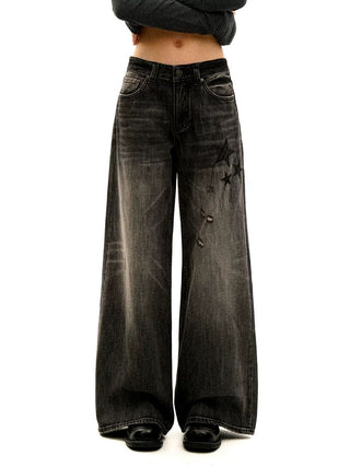 [Moromoro2] Star Plaid Patchwork Wide Leg  Jeans