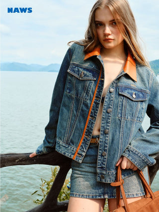 [NOTAWEAR] Patchwork Denim Jacket with Leather  Trim