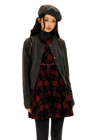 [Moromoro2] Wool Plaid Pleated Bow Vest  Dress