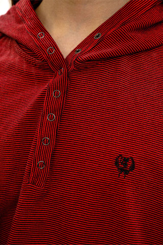 [Moromoro2] Striped Henry Collar Hooded Long Sleeve  Tee