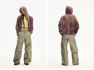 [Monterest] Spiral Mesh Washed Hooded Knit Cardigan