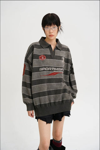 [MASONPRINCE] Washed Striped Polo Knit Sweater