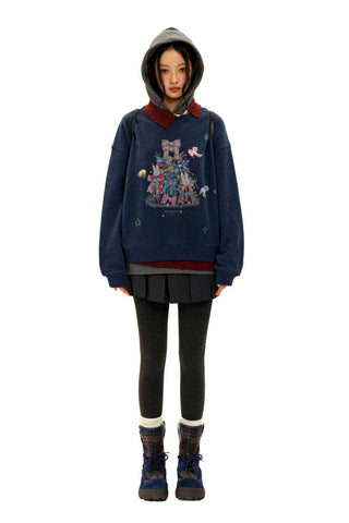 [Moromoro2] Bow Print Layered Hooded  Sweatshirt
