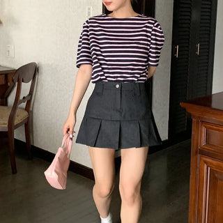 Pleated denim mini skirt