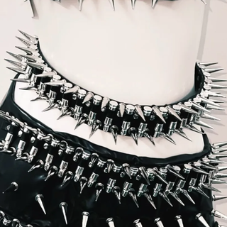 O ring rivet PU leather metal chain belt mini skirt set