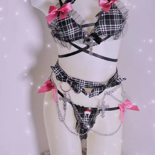 Plaid print bowknot metal chain short pant set