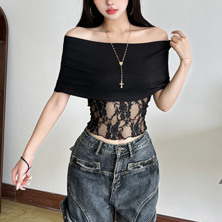 Hoodie lace hollow out off shoulder 2-way cut out top