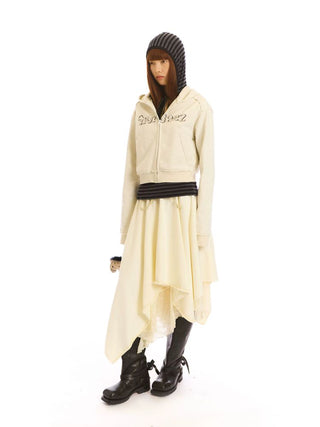 [NeverSeez] Cropped Raw Edge Hooded Zip-Up