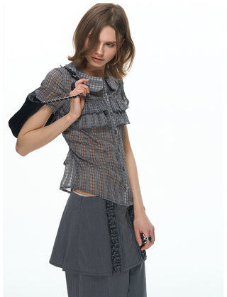 [NECY] Purple Grey Ruffle Plaid Shirt