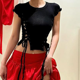 Short sleeve lace up ruffle crop top