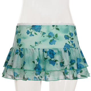 Flower print lace hem bowknot ruffle mini skirt