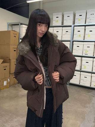 [NEVERSEEZ] Spliced Detachable Fur Collar Down Jacket