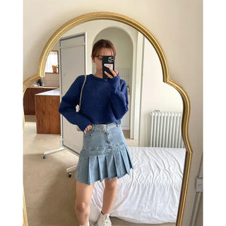 Belted denim pleated skirt