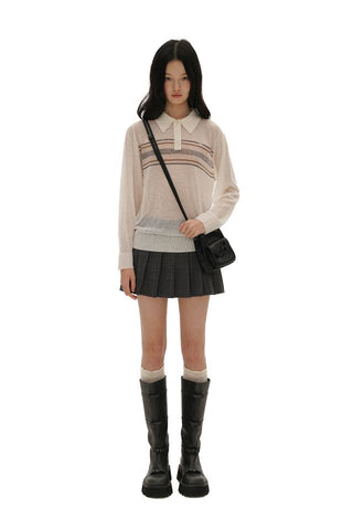 [moromoro2] Striped Polo Knit Top