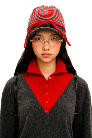 [Moromoro2] Contrast Stripe Knit Bow Baseball  Cap