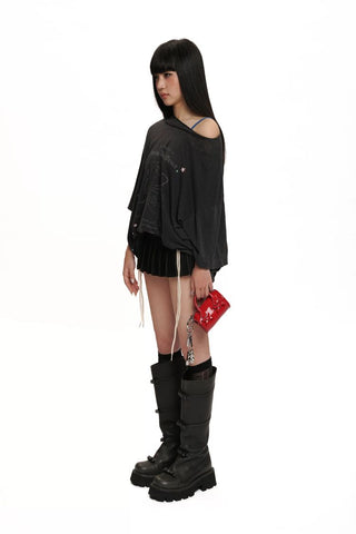 [Moromoro2] Washed Bow Graffiti Rhinestone Oversized  Tee