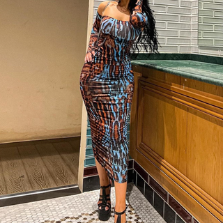 Long sleeve off shoulder print ruched midi dress