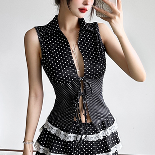 Self tie polka dot hollow out v neck cut out top