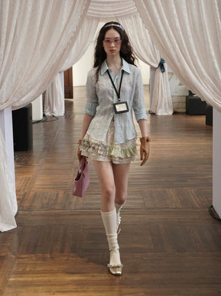 [Moromoro2] Patchwork Ruffle Floral Mini  Skirt