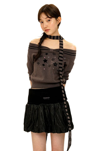 [Moromoro2] Off-Shoulder Star Rhinestone Knit  Top