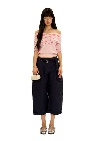 [Moromoro2] Off-Shoulder Star Rhinestone Knit  Top