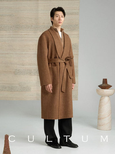 [CULTUM] Shawl Collar Belted Long Wool Coat