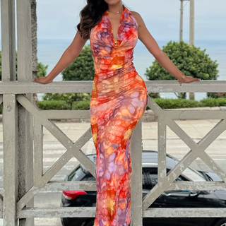 Cowl neck halter self tie print mesh maxi dress