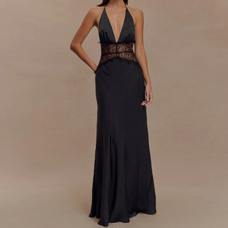 Halter lace patchwork backless maxi dress