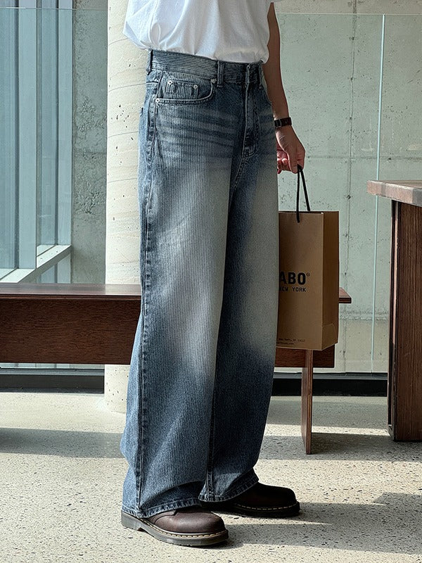 Nez Ribbed Wide Washed Denim Pants
