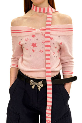 [Moromoro2] Off-Shoulder Star Rhinestone Knit  Top