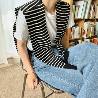Striped faux shoulder knit