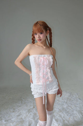 [EatmePlz] Lace Ribbon Bow-knot White Tube Top