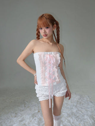 [EatmePlz] Lace Ribbon Bow-knot White Tube Top