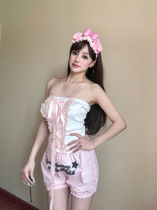 [EatmePlz] Lace Ribbon Bow-knot White Tube Top