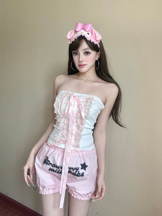 [EatmePlz] Lace Ribbon Bow-knot White Tube Top