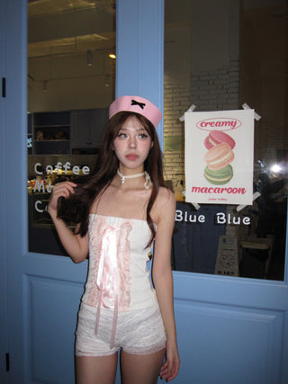 [EatmePlz] Lace Ribbon Bow-knot White Tube Top