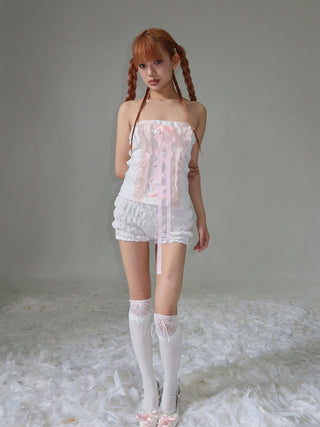[EatmePlz] Lace Ribbon Bow-knot White Tube Top