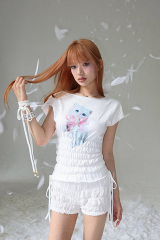 [EatmePlz] Short Kitten Pleated Waist Slim Top