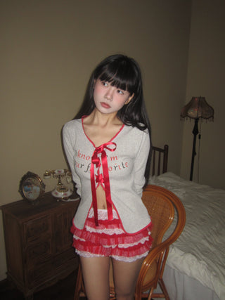 [EatmePlz] Knitted Bow Red Ribbon Printed Slim Cardigan