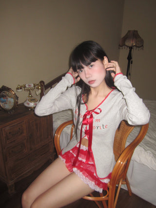 [EatmePlz] Knitted Bow Red Ribbon Printed Slim Cardigan