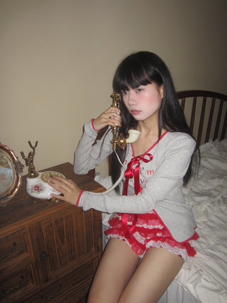 [EatmePlz] Knitted Bow Red Ribbon Printed Slim Cardigan