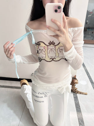 [EatmePlz]  Slim Ballet Style Letter Print Flared Pants